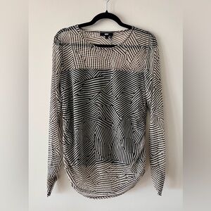 DKNY Sheer Mesh Long Sleeve Top Large Black & Cream Geometric Pattern